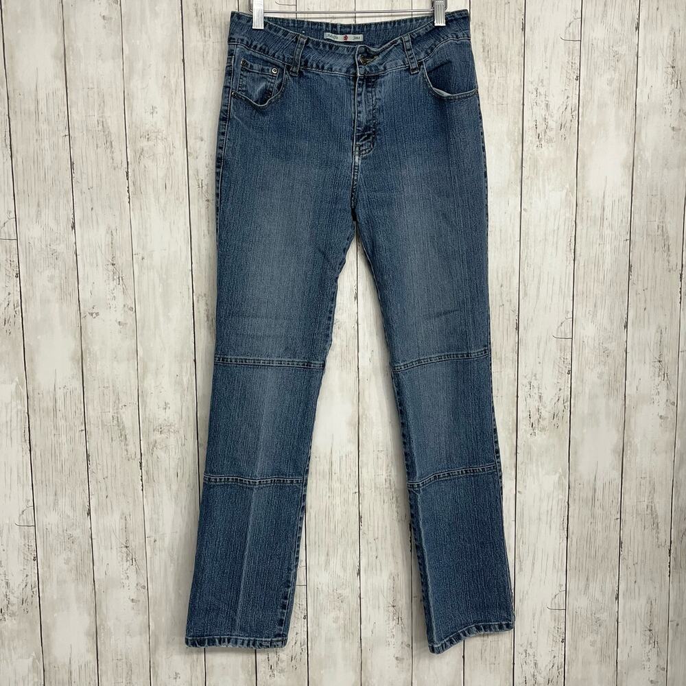 High Rise Straight Slim Leg Block Pattern Medium Wash Adolfo Jeans 8